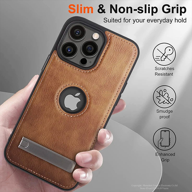 Leather Kickstand Phone Cases for Iphone 16 15 13 Pro Max 14 plus 12 11 Mobile Case Shockproof Flexible Soft Grip Back Cover
