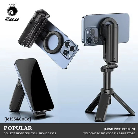 Magnetic Phone Tripod Wireless Phone Grip Selfie Stick Desktop Tripod for Iphone 12 13 14 15 16 Pro Max for Samsung Phone Holder