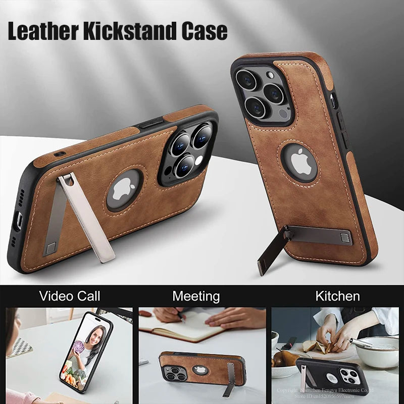 Leather Kickstand Phone Cases for Iphone 16 15 13 Pro Max 14 plus 12 11 Mobile Case Shockproof Flexible Soft Grip Back Cover
