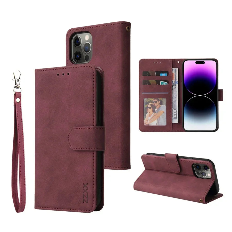 ZZXX Leather Wallet Phone Case for E 16 Pro Max 15 14 13 Mini 12 11 X XS XR SE2 8 7 6S plus Flip Card Slot Holder Cover