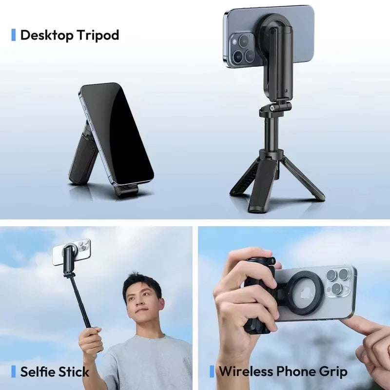 Magnetic Phone Tripod Wireless Phone Grip Selfie Stick Desktop Tripod for Iphone 12 13 14 15 16 Pro Max for Samsung Phone Holder