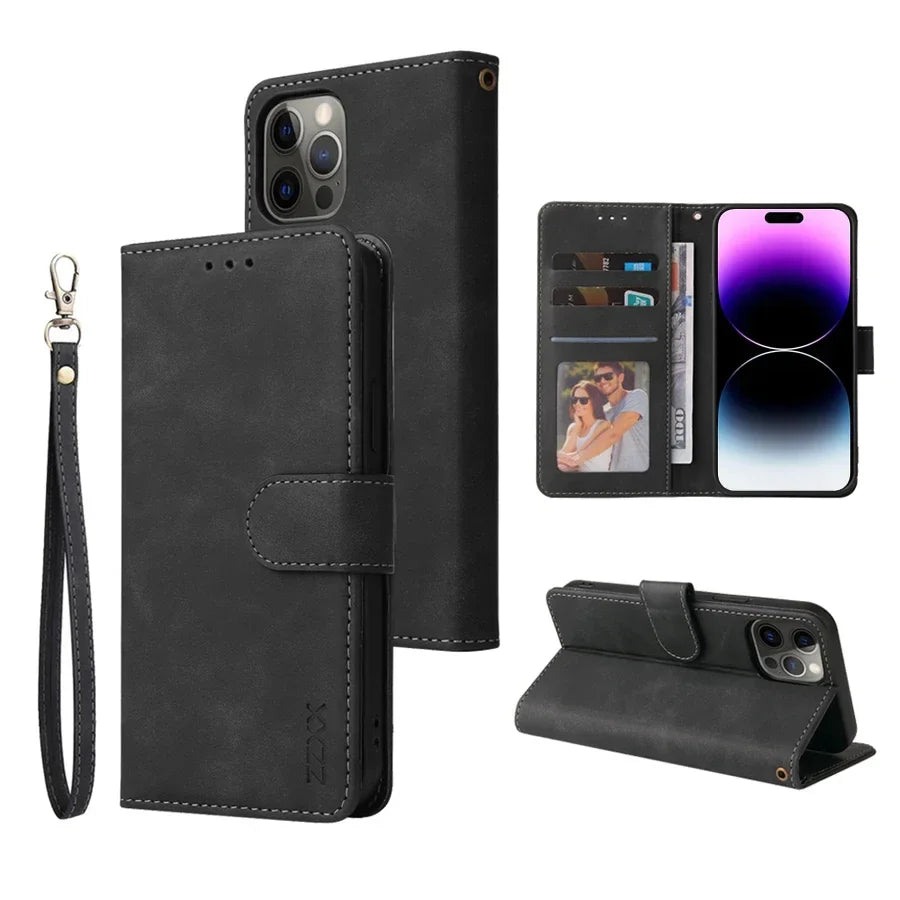 ZZXX Leather Wallet Phone Case for E 16 Pro Max 15 14 13 Mini 12 11 X XS XR SE2 8 7 6S plus Flip Card Slot Holder Cover