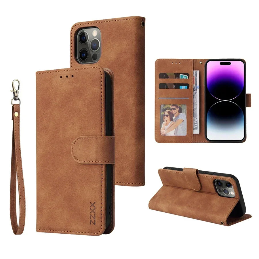 ZZXX Leather Wallet Phone Case for E 16 Pro Max 15 14 13 Mini 12 11 X XS XR SE2 8 7 6S plus Flip Card Slot Holder Cover