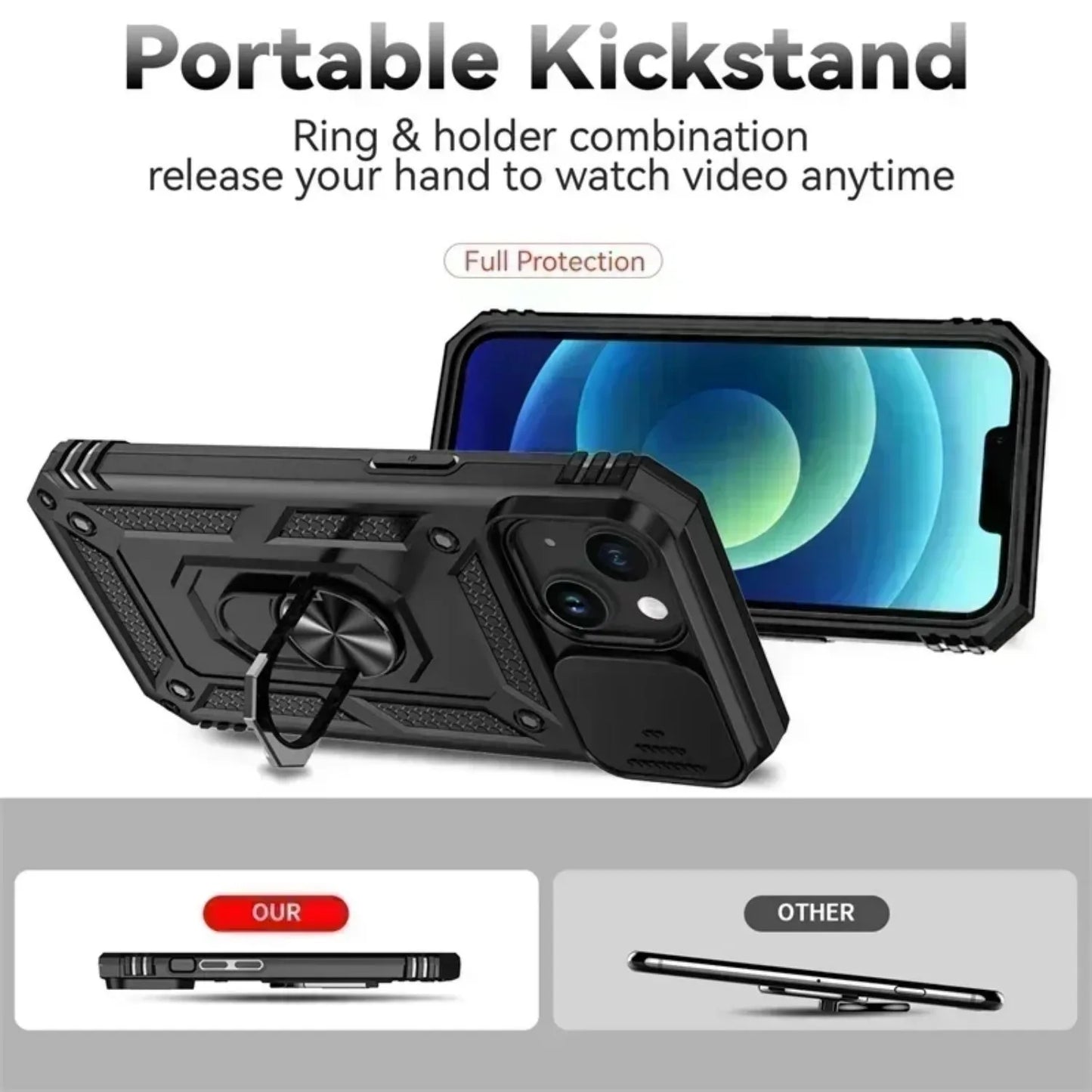 Ring Stand Rotating Slide Camera Lens Military Grade Armor Case for Iphone 16 14 13 12 11 15 Pro Max 16 plus 13Mini 12Mini Cover