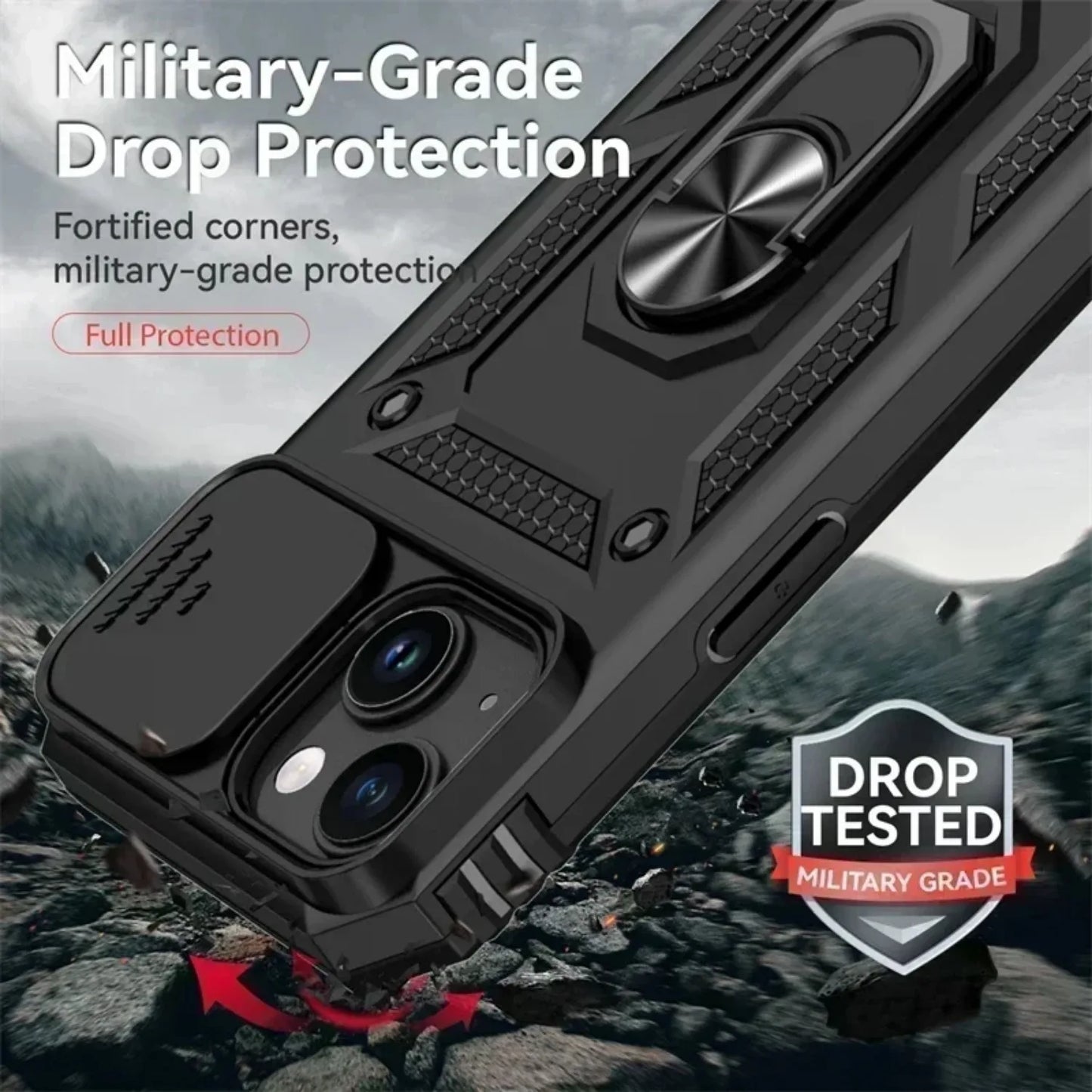 Ring Stand Rotating Slide Camera Lens Military Grade Armor Case for Iphone 16 14 13 12 11 15 Pro Max 16 plus 13Mini 12Mini Cover