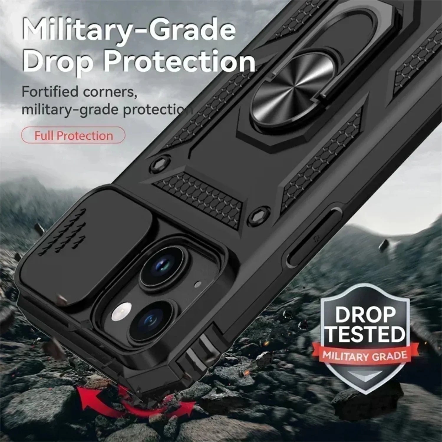 Ring Stand Rotating Slide Camera Lens Military Grade Armor Case for Iphone 16 14 13 12 11 15 Pro Max 16 plus 13Mini 12Mini Cover