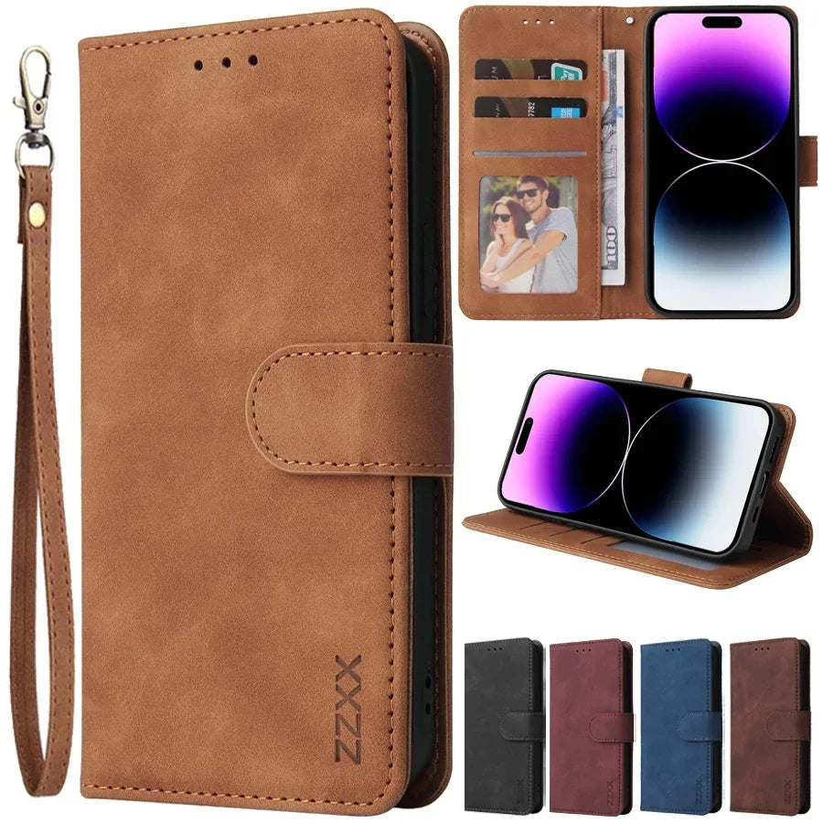 ZZXX Leather Wallet Phone Case for E 16 Pro Max 15 14 13 Mini 12 11 X XS XR SE2 8 7 6S plus Flip Card Slot Holder Cover